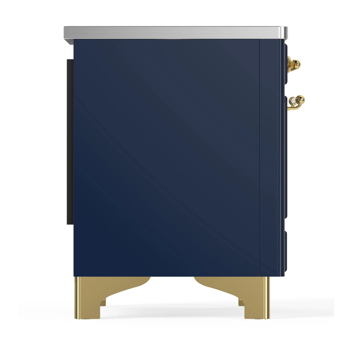 Side view of midnight blue induction range with brass feet and trim