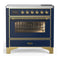 ILVE Majestic III 36-Inch Induction Range with 6 Induction Elements and Triple Glass Door Electric Oven in Mightnight Blue with Brass Trim (UMIB36NR3MBG)