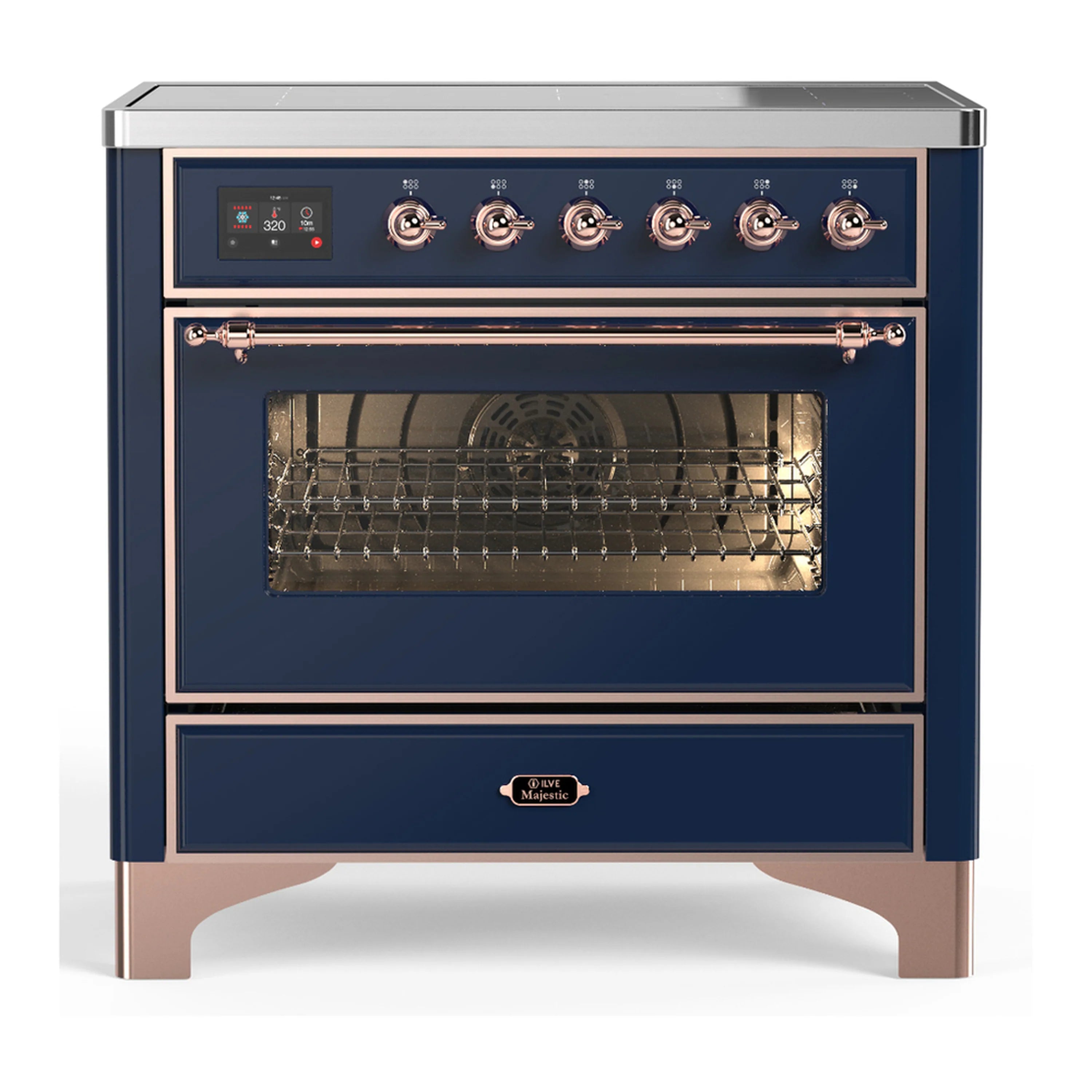 Midnight blue induction range with copper trim, open oven door and racks