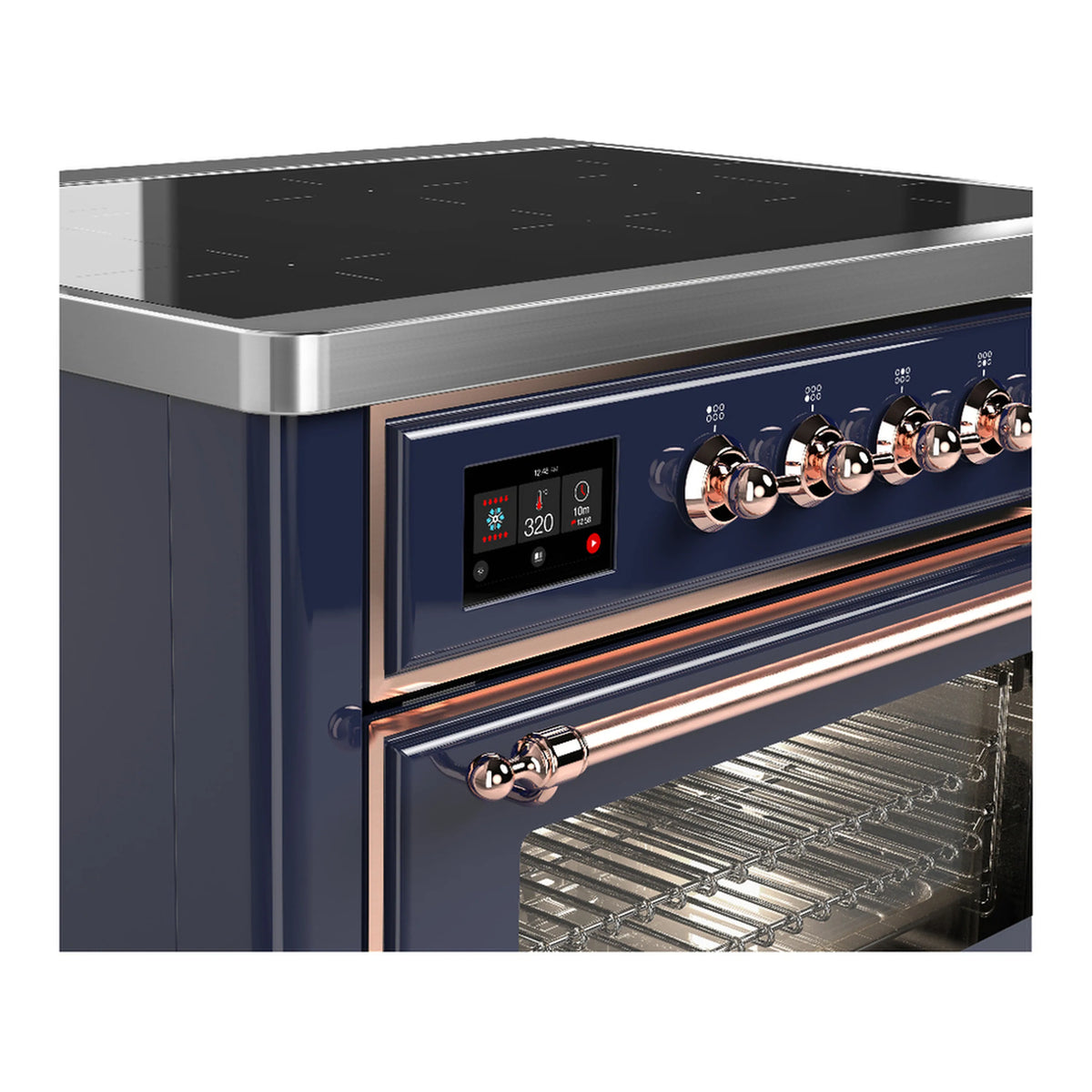 Midnight blue induction range control panel with copper knobs and open oven cavity