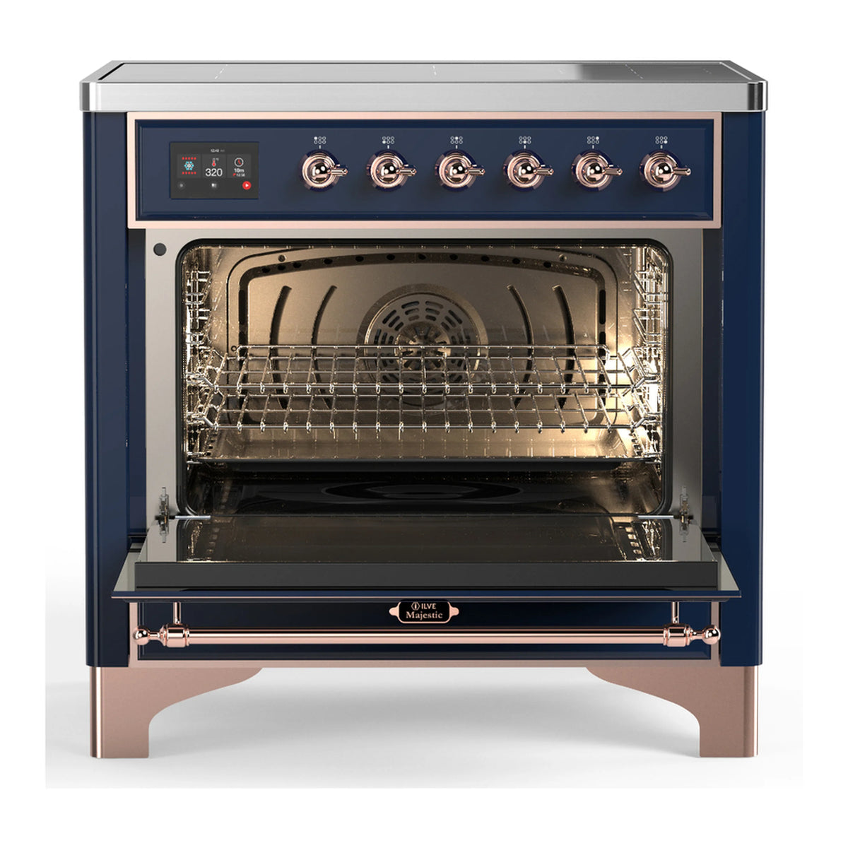 Midnight blue induction range with copper trim, open triple-glass oven door and racks