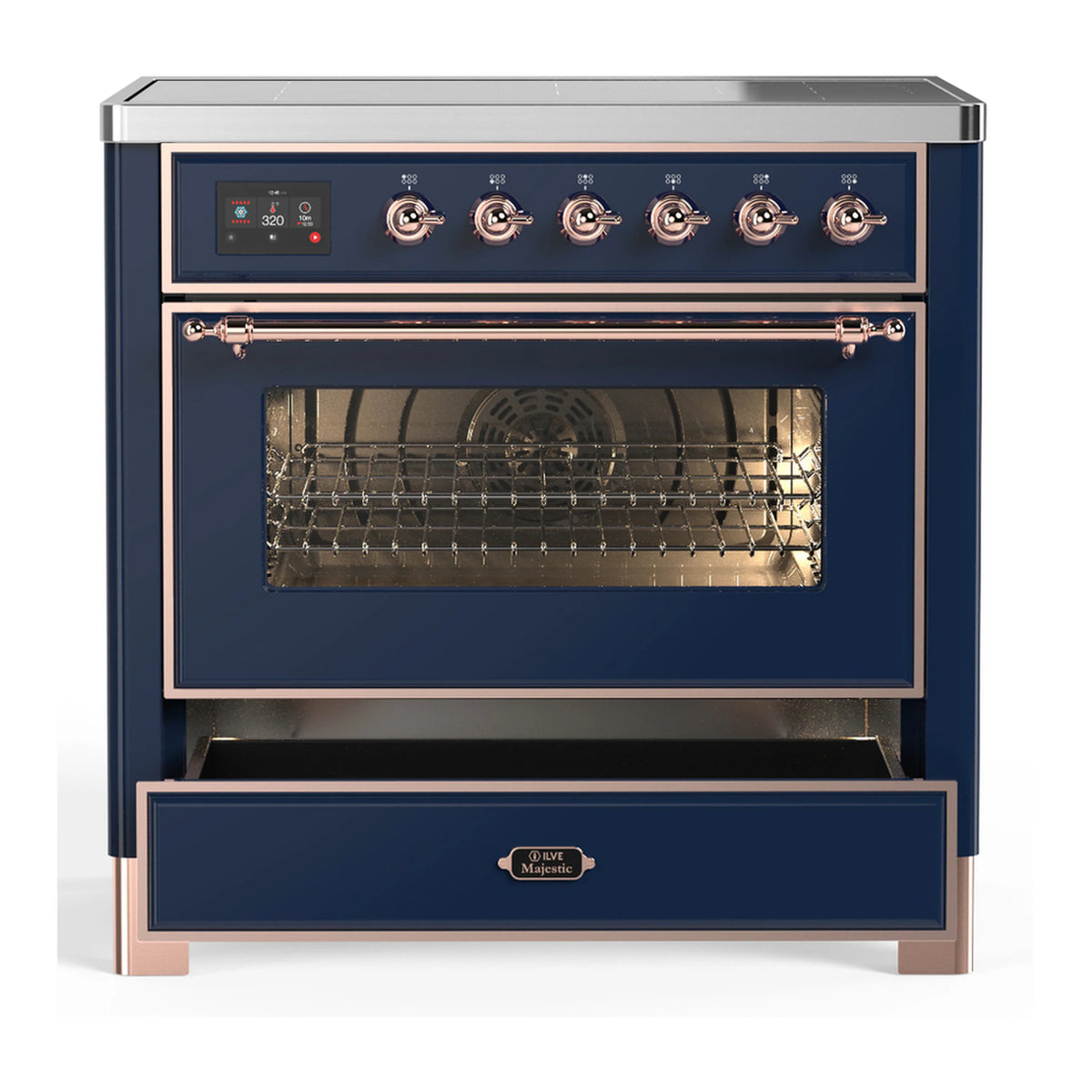 Midnight blue induction range with copper trim, closed triple-glass oven door and drawer