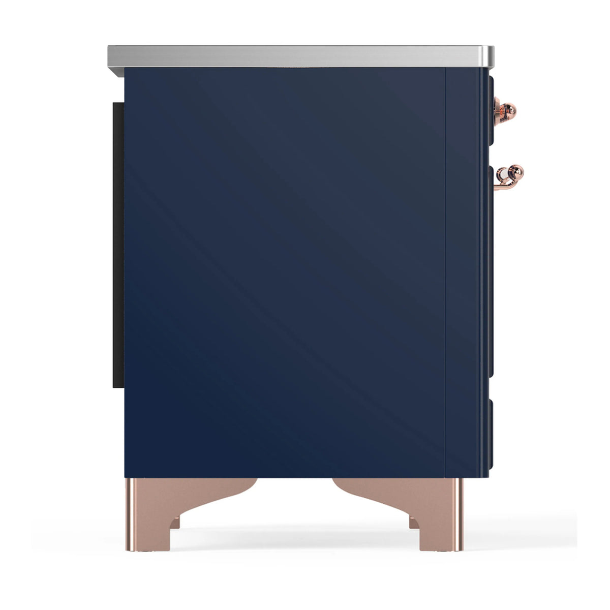 Midnight blue induction range side panel with copper handle trim and base legs