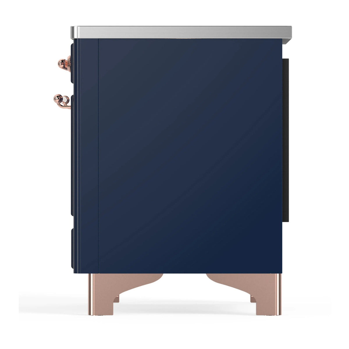 Midnight blue induction range back/side panel with copper handle trim and base legs