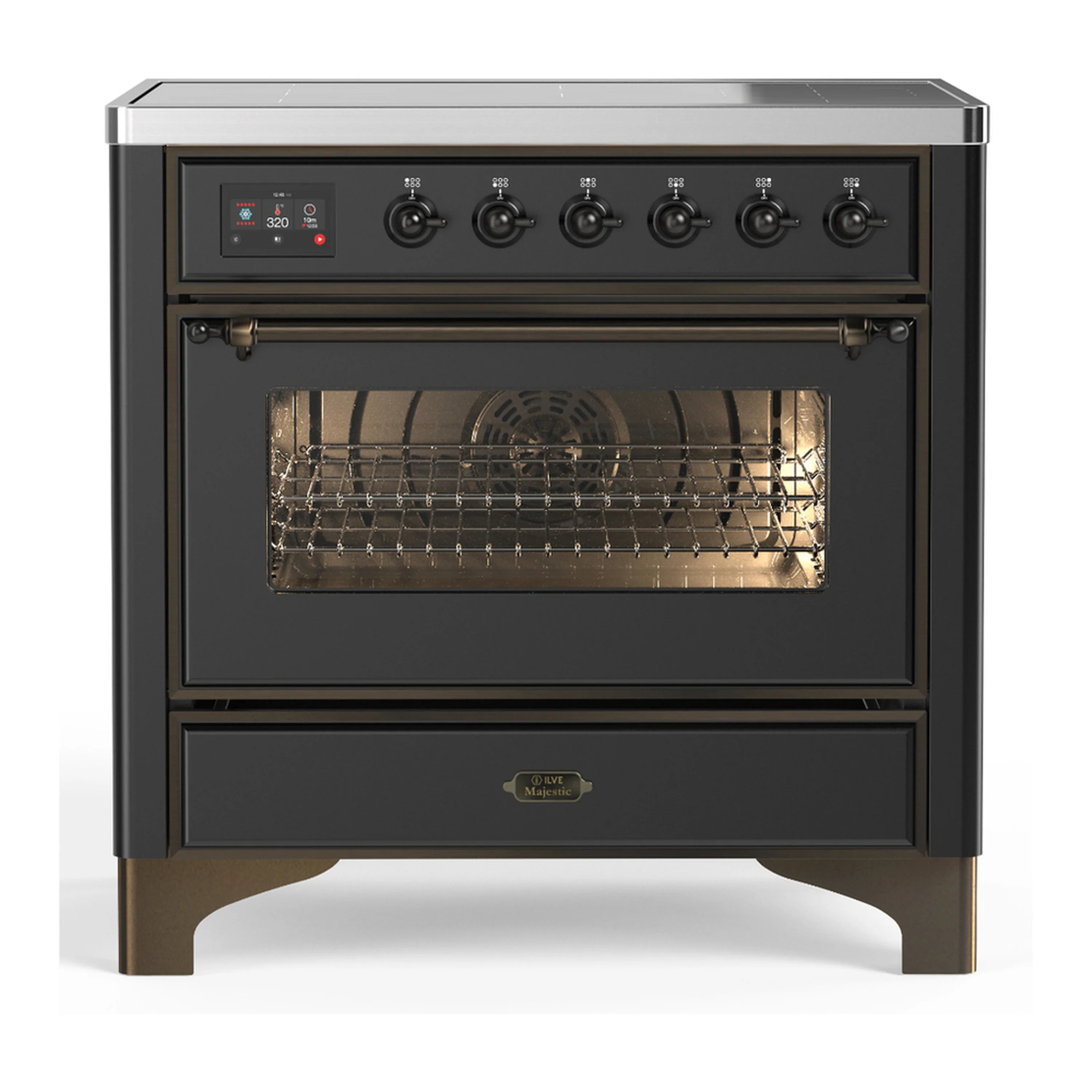 Matte graphite induction range with open triple-glass oven door and six burner controls