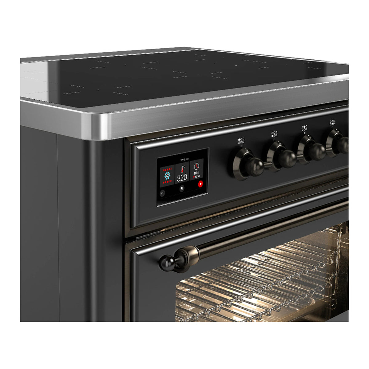 Matte graphite induction range control panel with oven door handle and lit oven interior