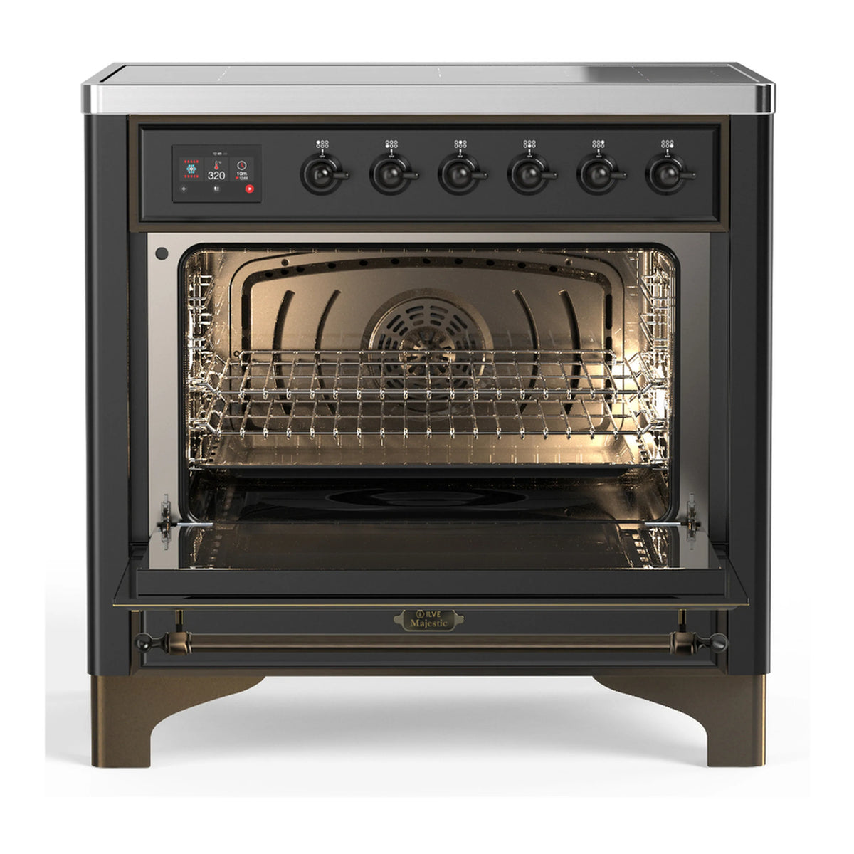 Matte graphite induction range with oven cavity showing racks behind triple glass door