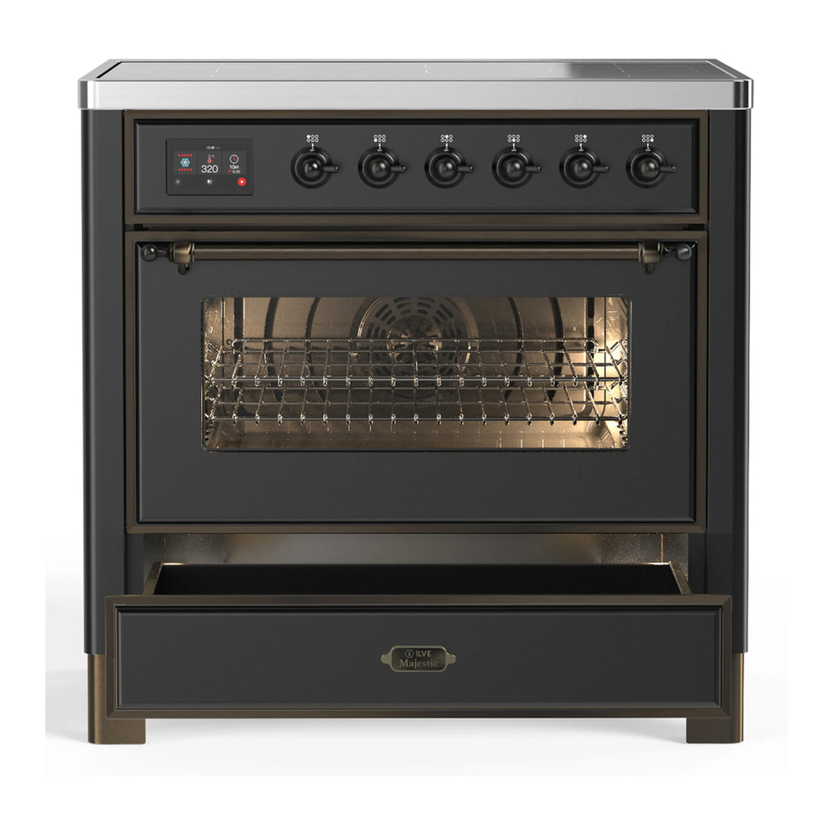 Matte graphite induction range with closed oven door, triple glass, and six burner knobs