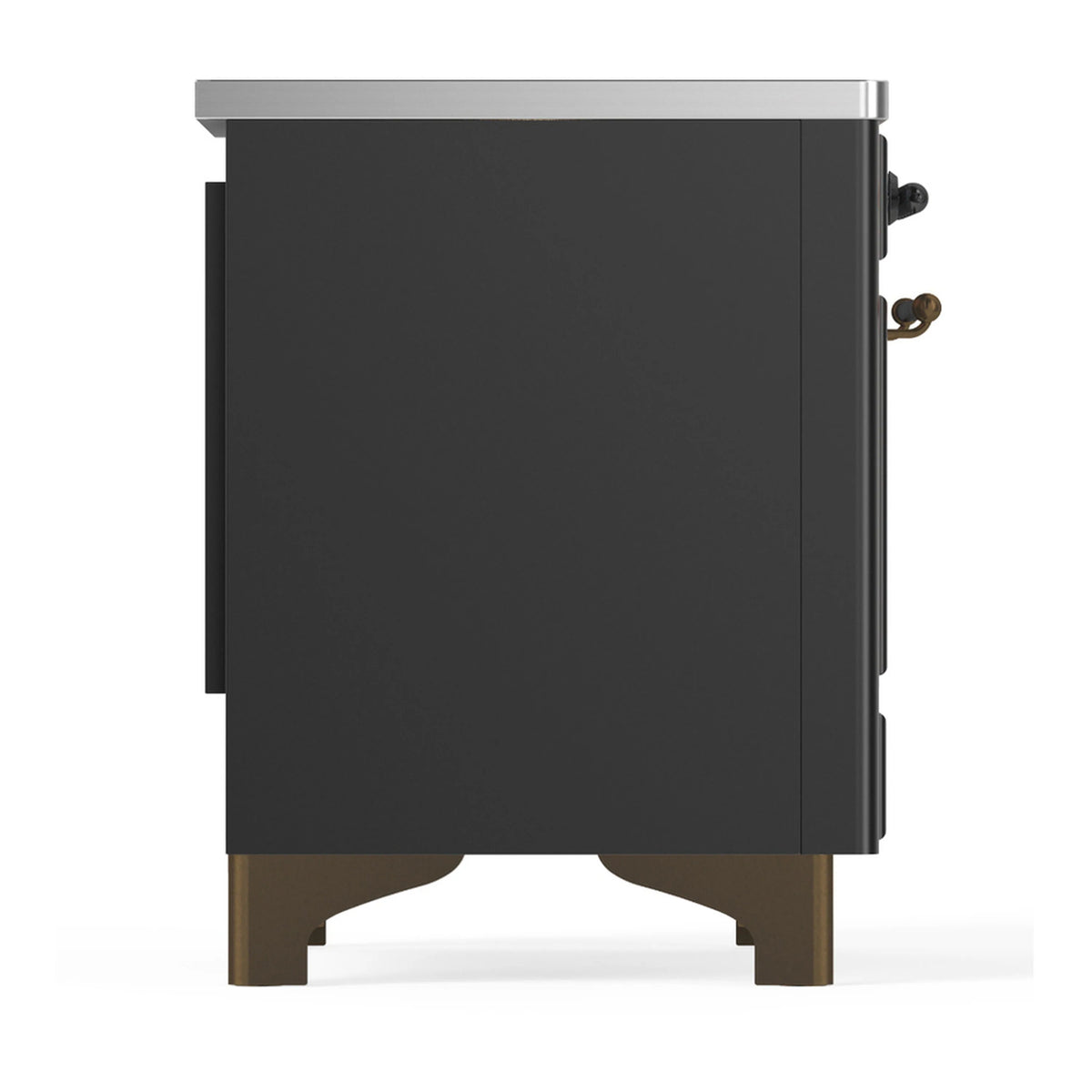 Matte graphite induction range side view with bronze-tone trim feet and handle details