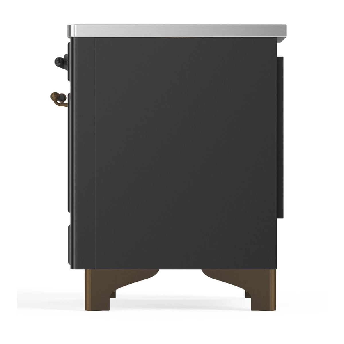 Matte graphite induction range rear-side view with side controls and bronze-tone feet