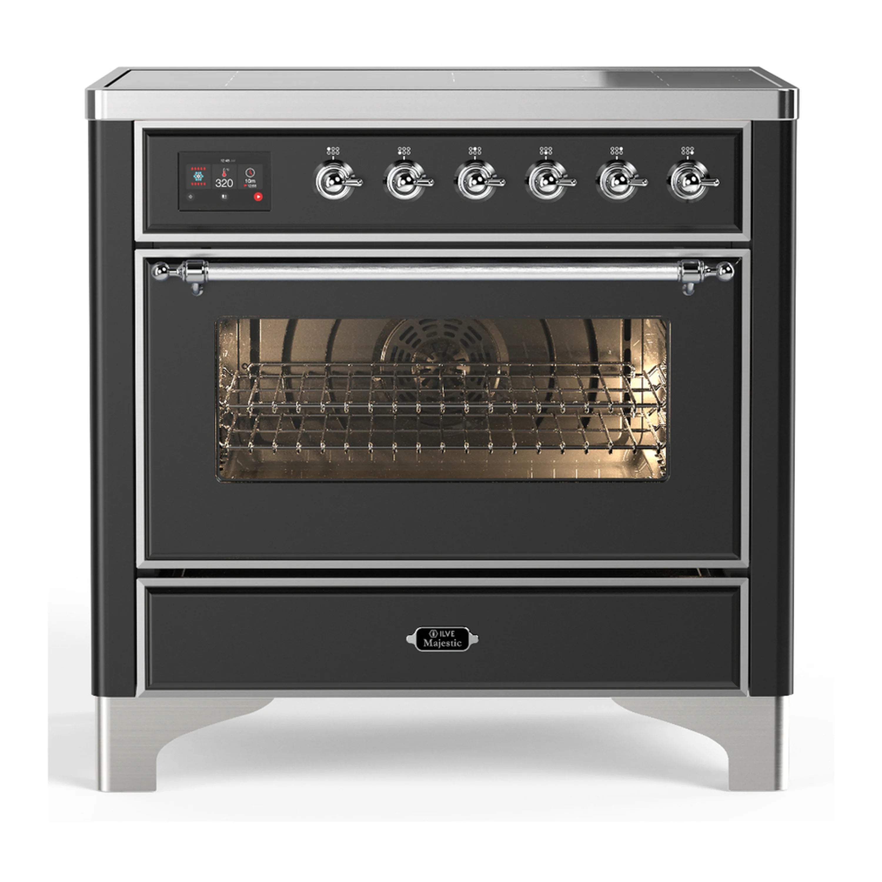Matte graphite induction range with chrome trim; front panel and open triple-glass oven door