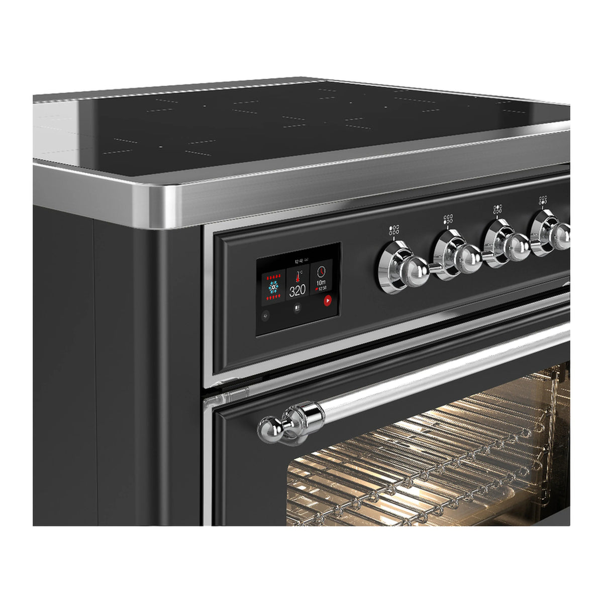Matte graphite induction range side view with control knobs and oven window with racks
