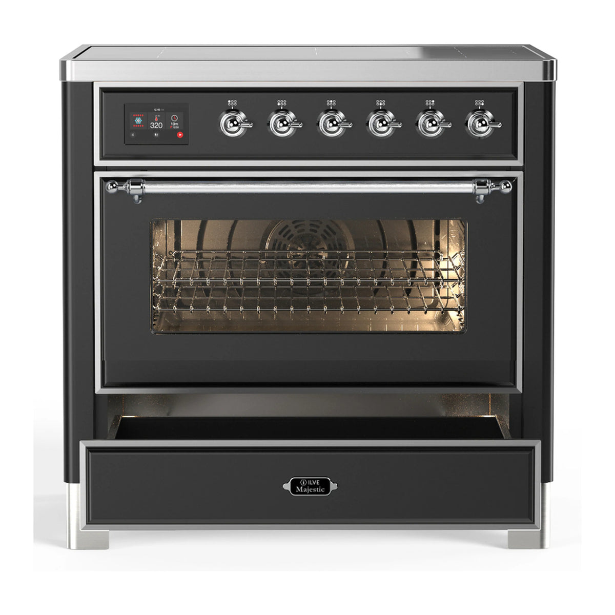 Matte graphite induction range front view with triple-glass oven door and control panel