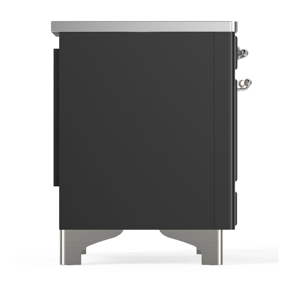 Matte graphite induction range back/side panel with chrome handle accents and feet