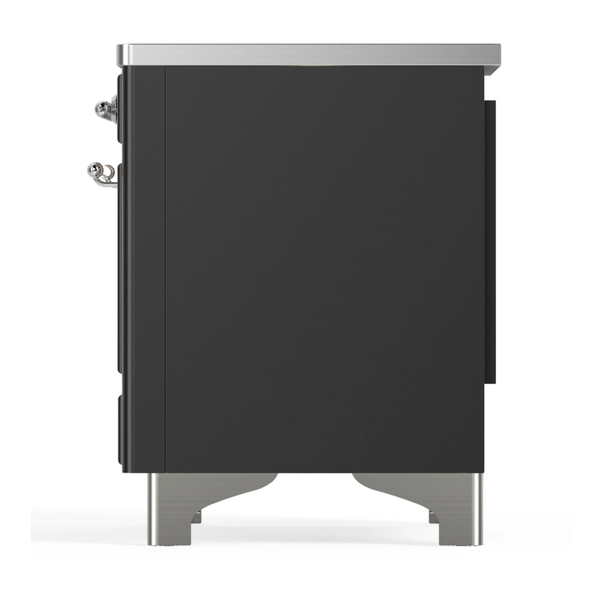 Matte graphite induction range side panel with chrome handle accents and rear edge details