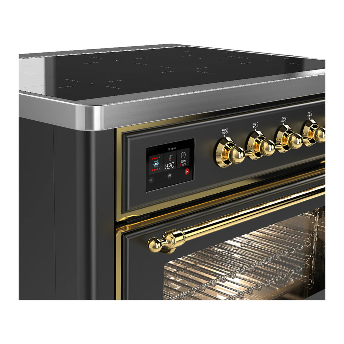 Matte graphite induction range control knobs and display with oven door open