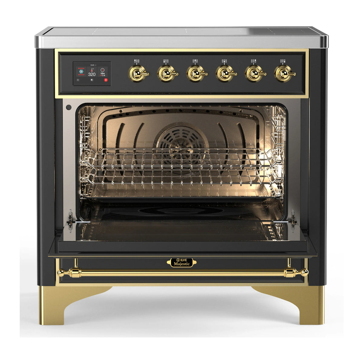 Matte graphite induction range with oven open showing racks and fan behind triple-glass door