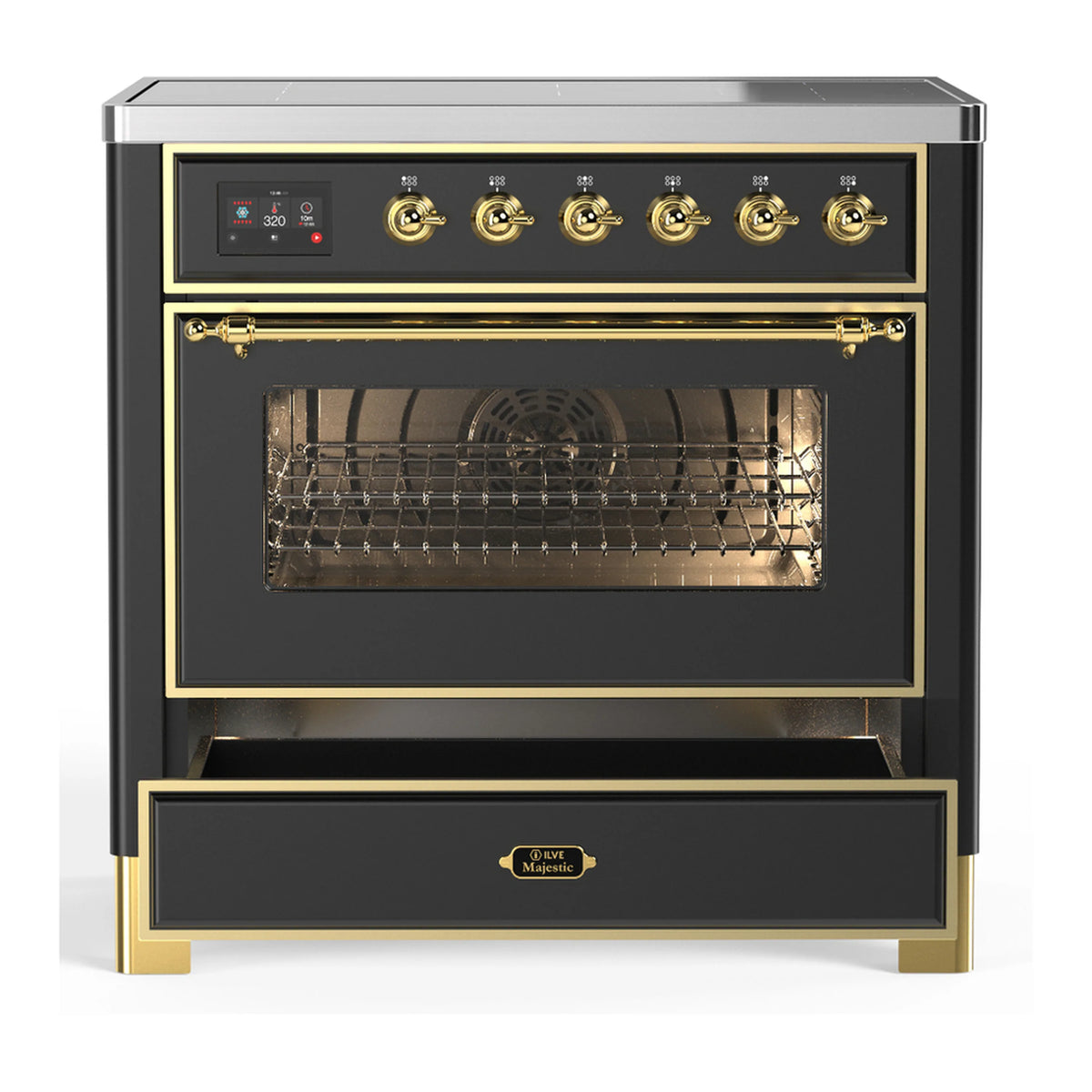 Matte graphite induction range front view with oven window and lower storage drawer