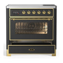 ILVE Majestic III 36-Inch Induction Range with 6 Induction Elements and Triple Glass Door Electric Oven in Matte Graphite with Brass Trim (UMIB36NR3MGG)