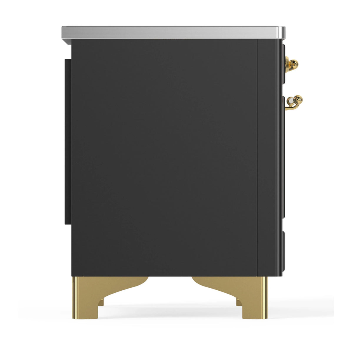 Matte graphite range side panel with brass corner feet and handle details