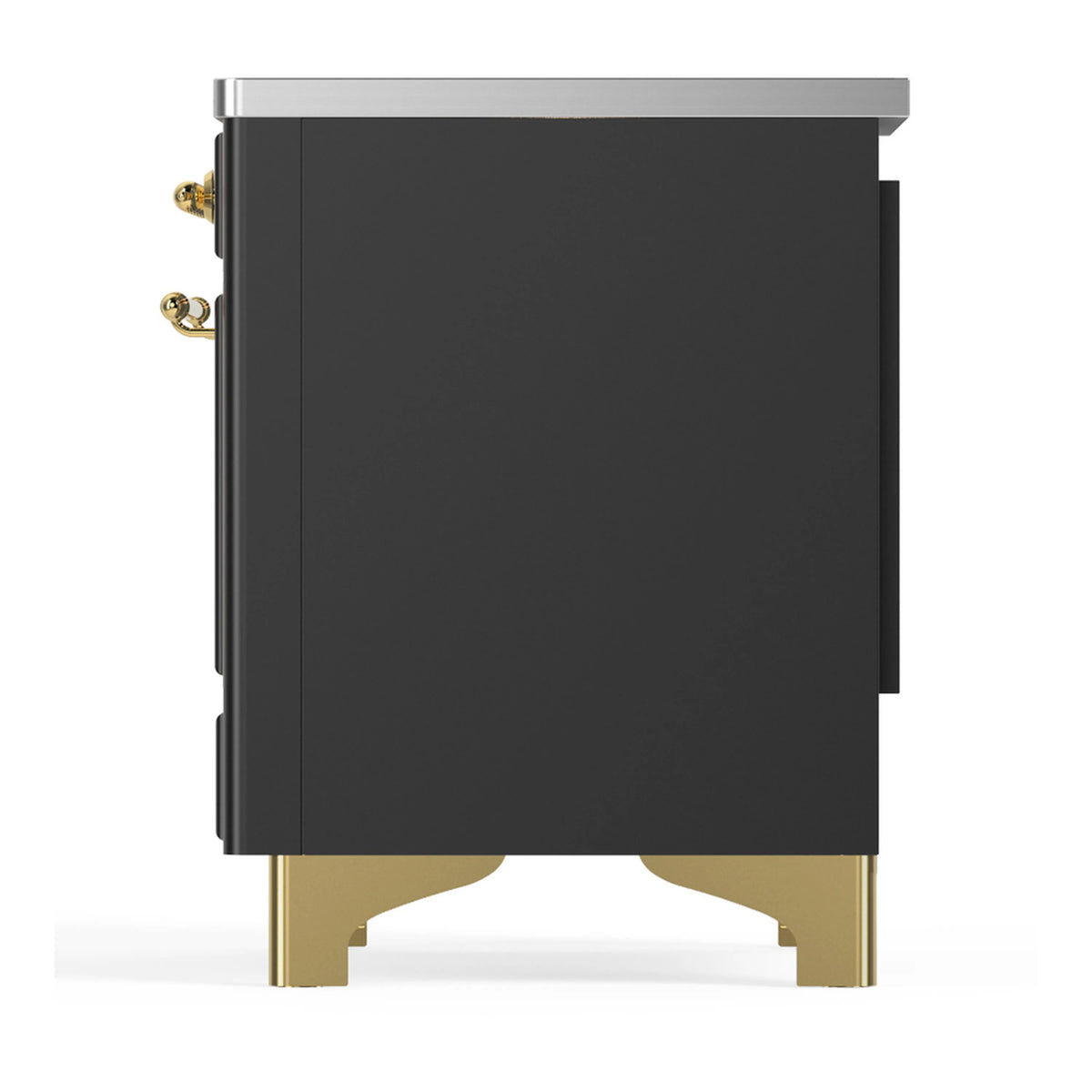 Matte graphite range side panel with brass handles and gold-toned legs