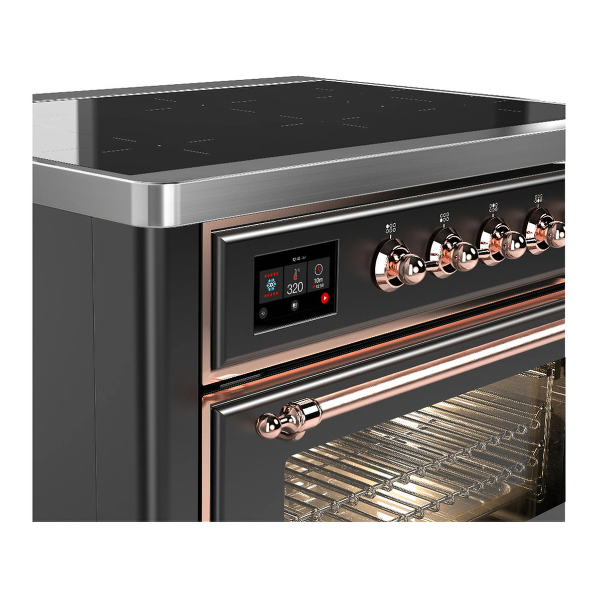 Matte graphite range with copper-trim control knobs beside oven door window