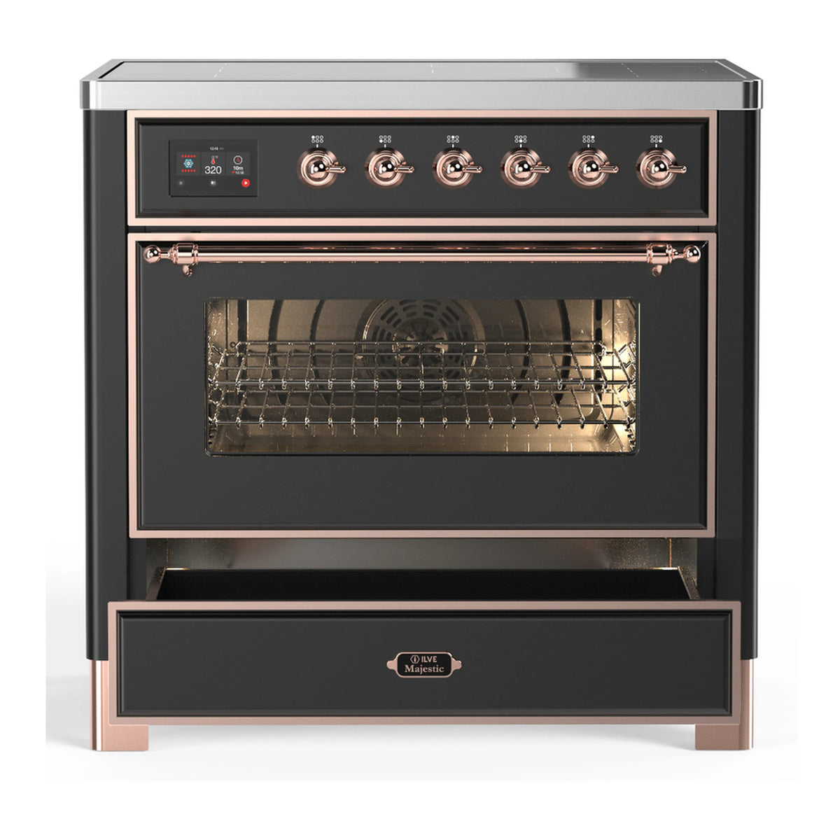 Matte graphite induction range with copper-trim oven window and closed lower drawer