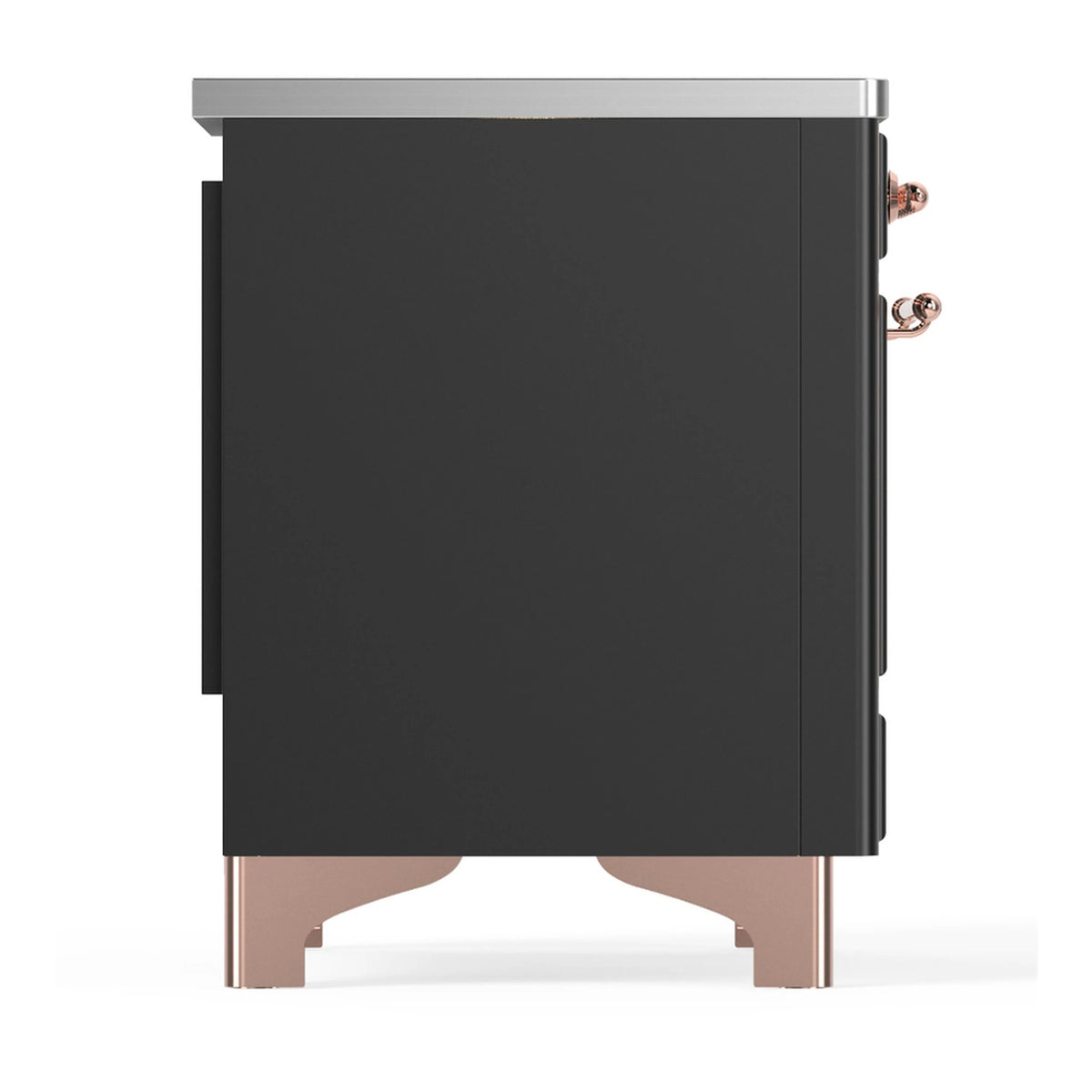 Matte graphite side panel of induction range with copper handles and feet