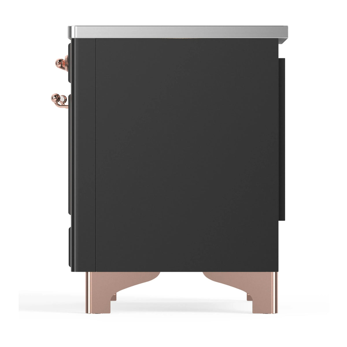 Matte graphite back/side of induction range with copper trim and leveling feet