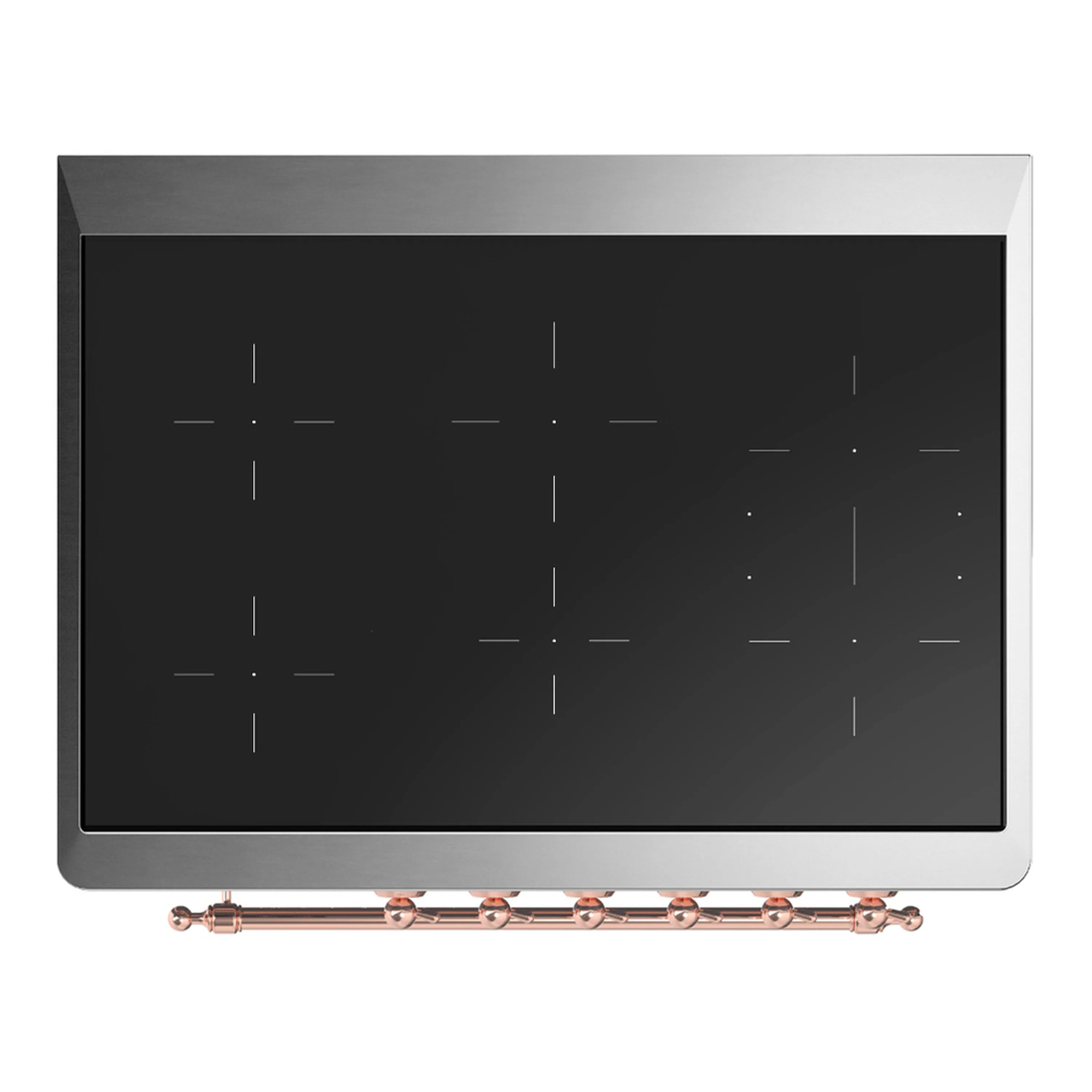 Induction cooktop surface with black glass, vented dot grid, and copper control rail
