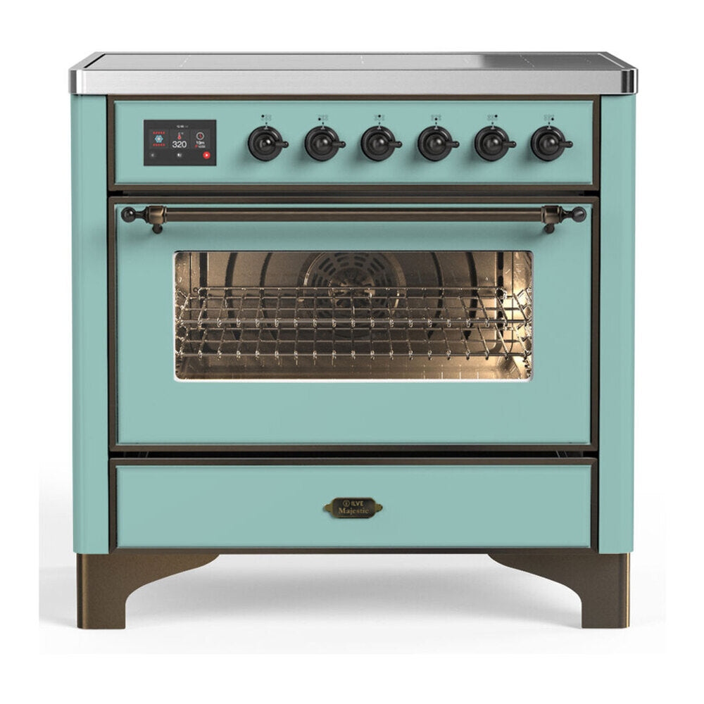 ILVE Majestic III 36-Inch Induction Range with 6 Induction Elements and Triple Glass Door Electric Oven in Mediterranean Mint with Burnished Trim (UMIB36NR3MMB)