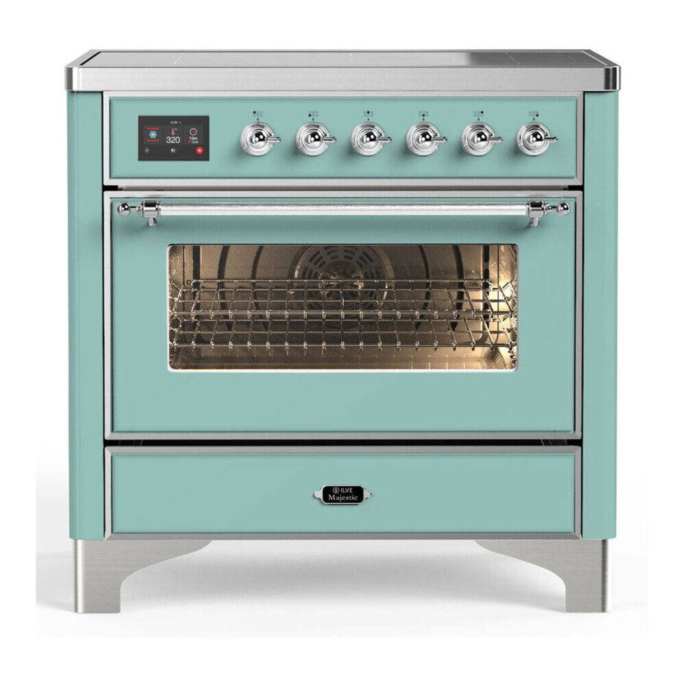 ILVE Majestic III 36-Inch Induction Range with 6 Induction Elements and Triple Glass Door Electric Oven in Mediterranean Mint with Chrome Trim (UMIB36NR3MMC)