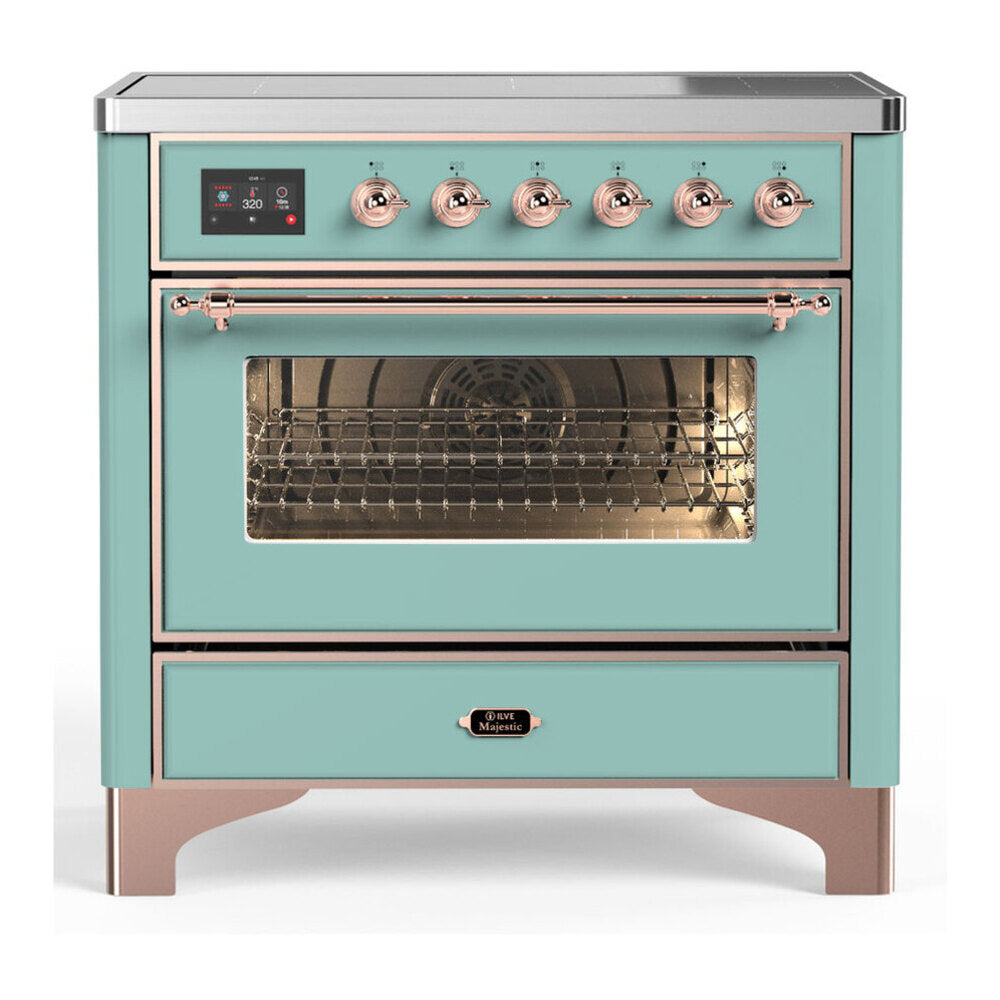 ILVE Majestic III 36-Inch Induction Range with 6 Induction Elements and Triple Glass Door Electric Oven in Mediterranean Mint with Copper Trim (UMIB36NR3MMP)