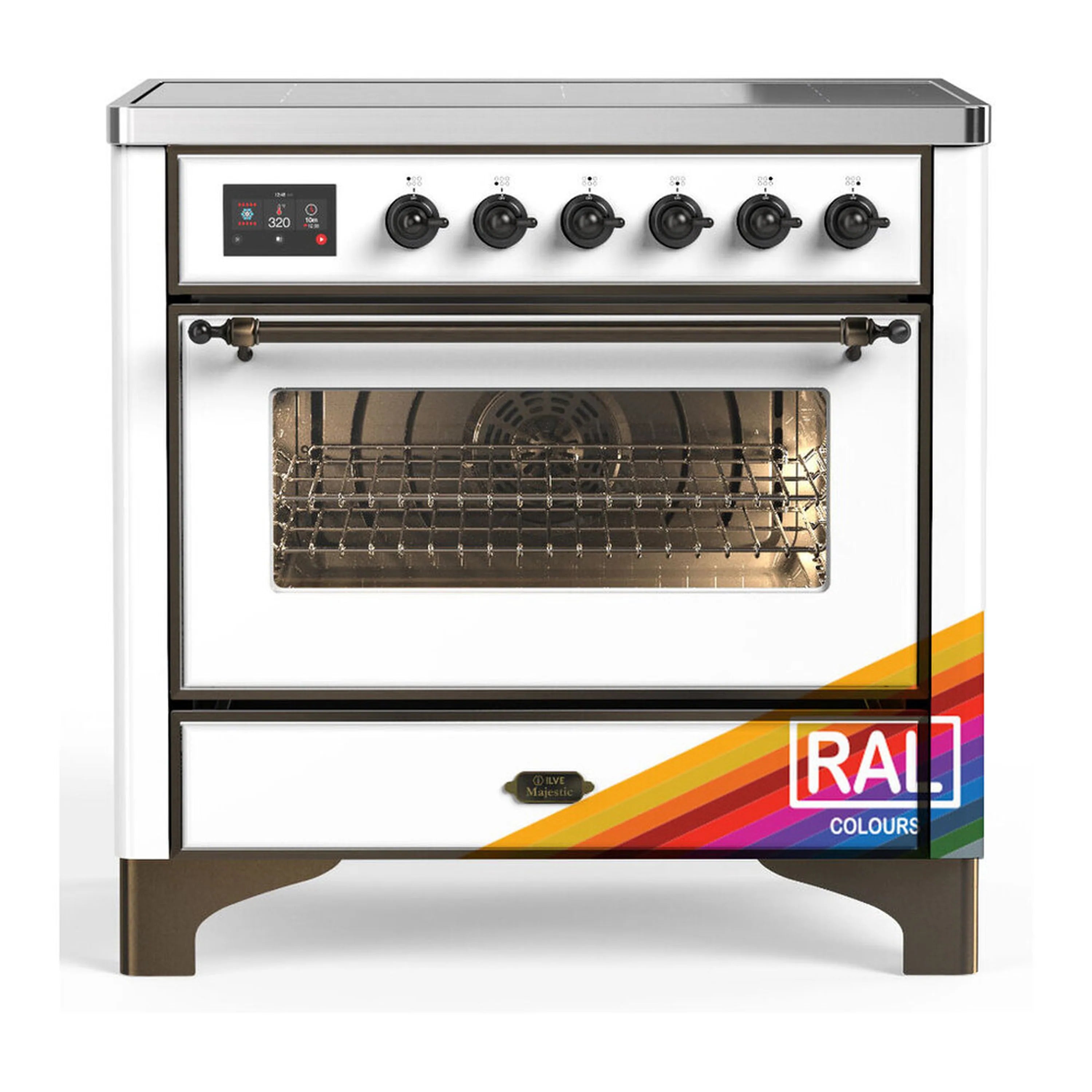 Induction range with six cooktop knobs and large oven window, triple glass door.