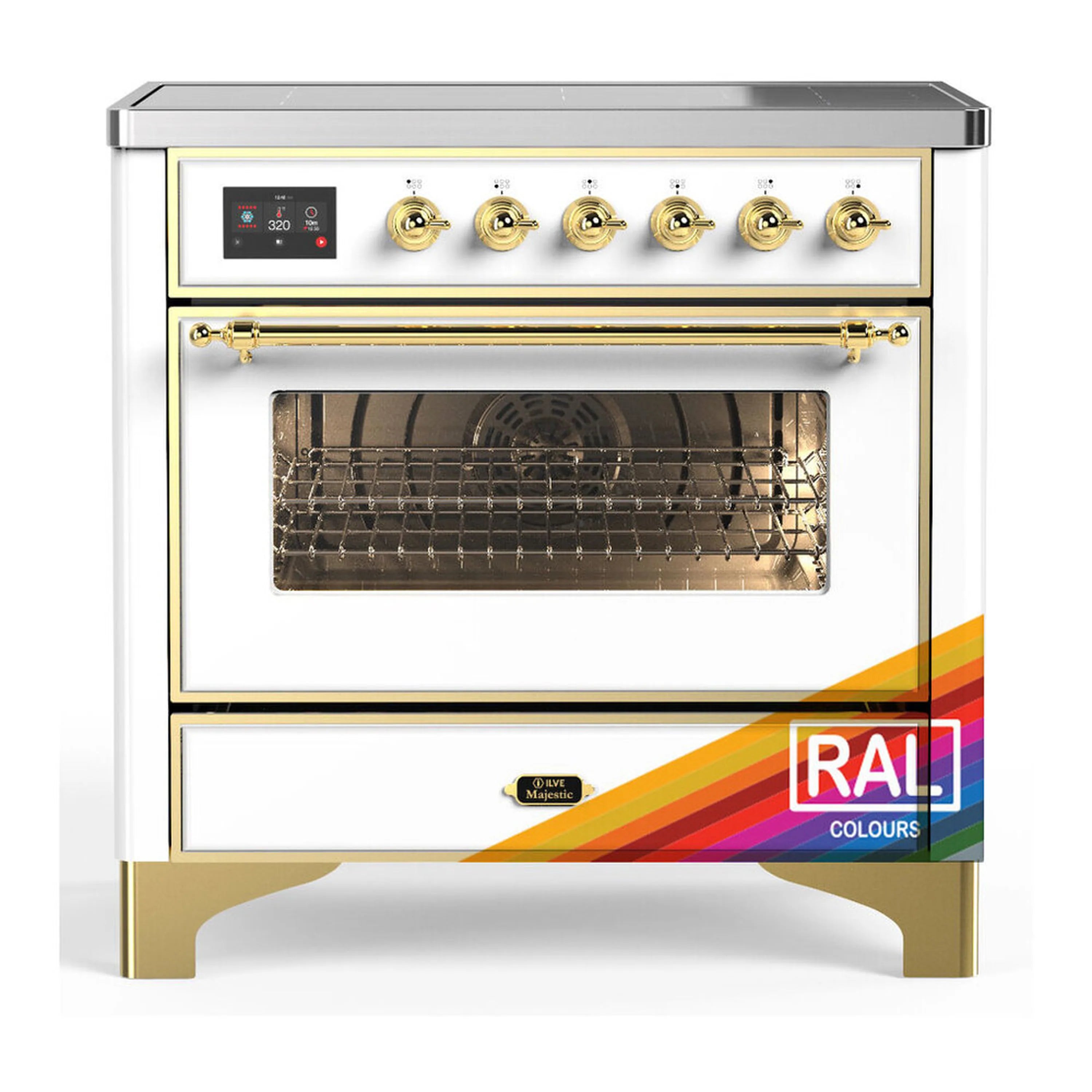 Induction range with triple-glass oven door, brass trim, and six gold control knobs