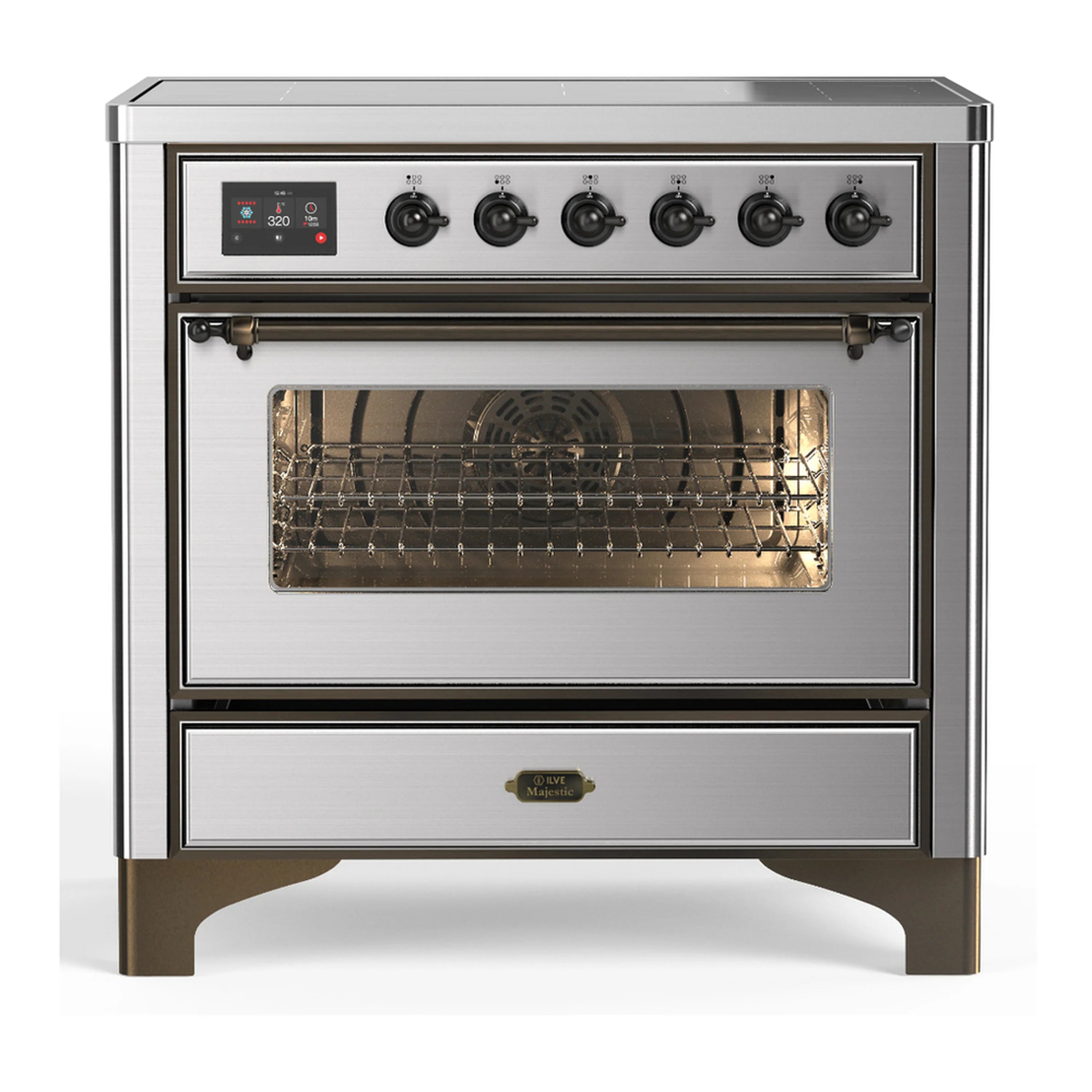 Stainless induction range with open triple-glass oven door and six burner controls