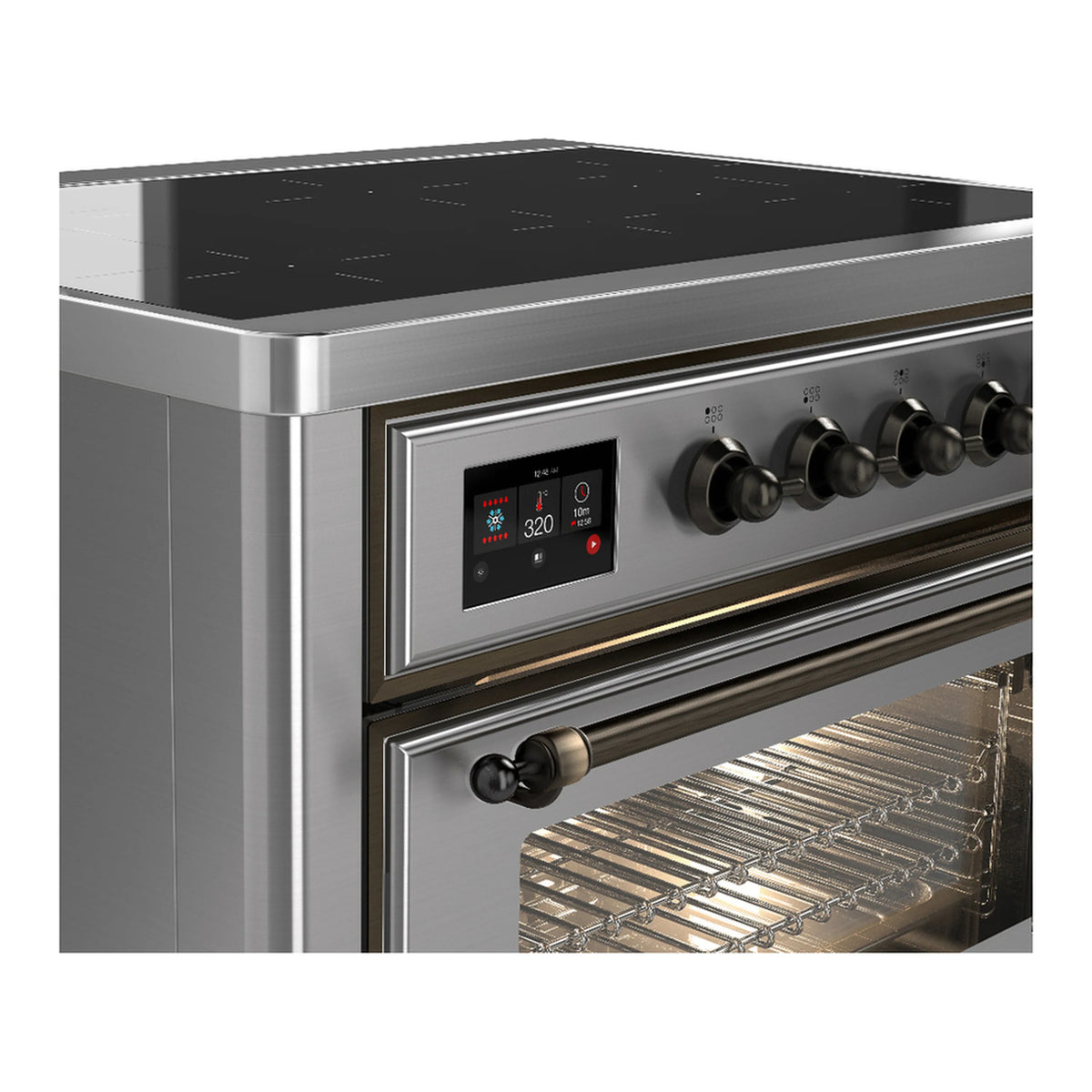 Stainless induction range side view with control panel and open oven door