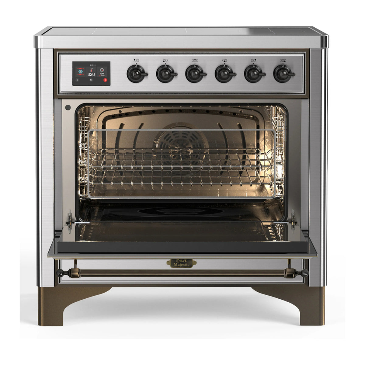 Stainless induction range with open oven cavity, racks, and six induction controls