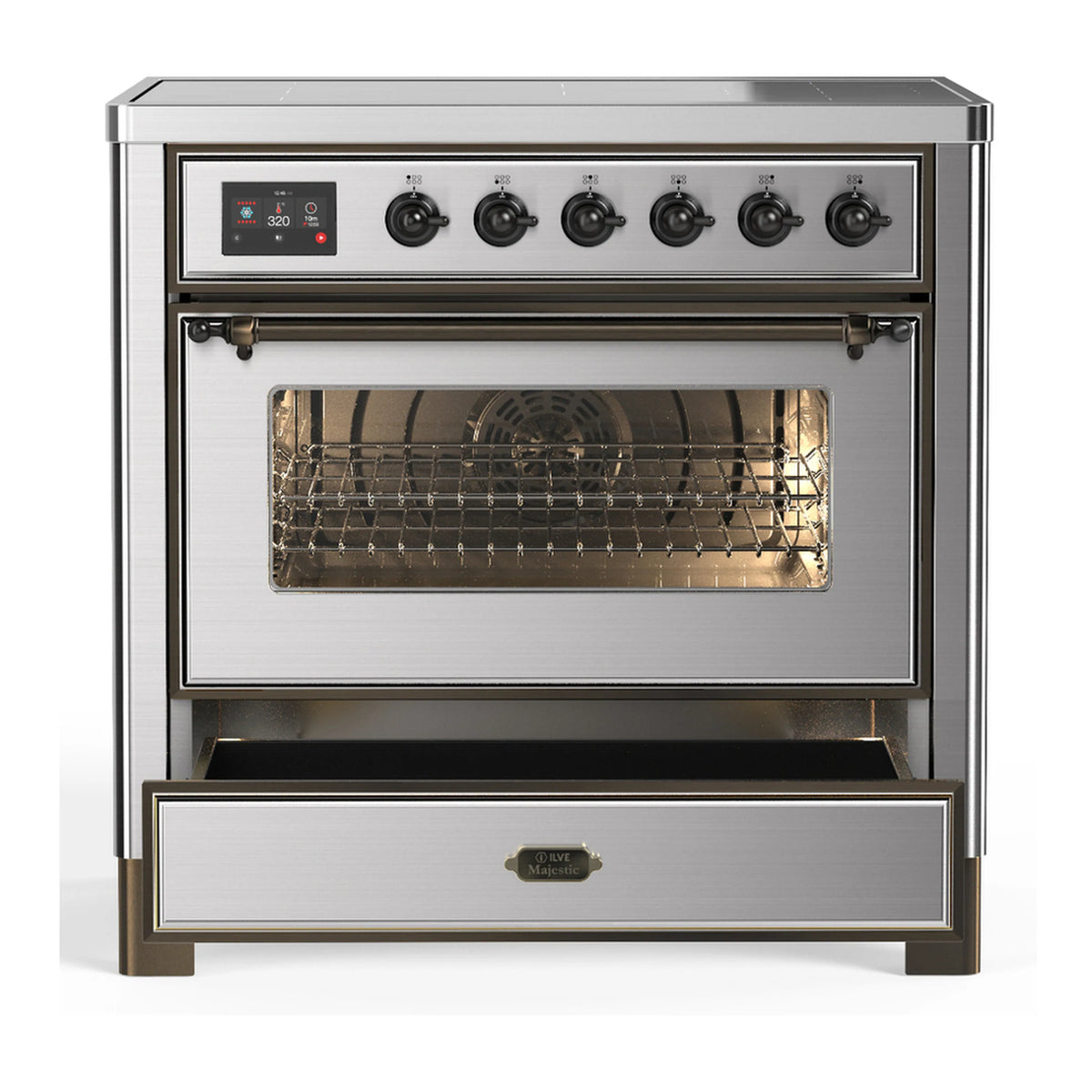 Stainless induction range front view with oven window, knobs, and warming drawer