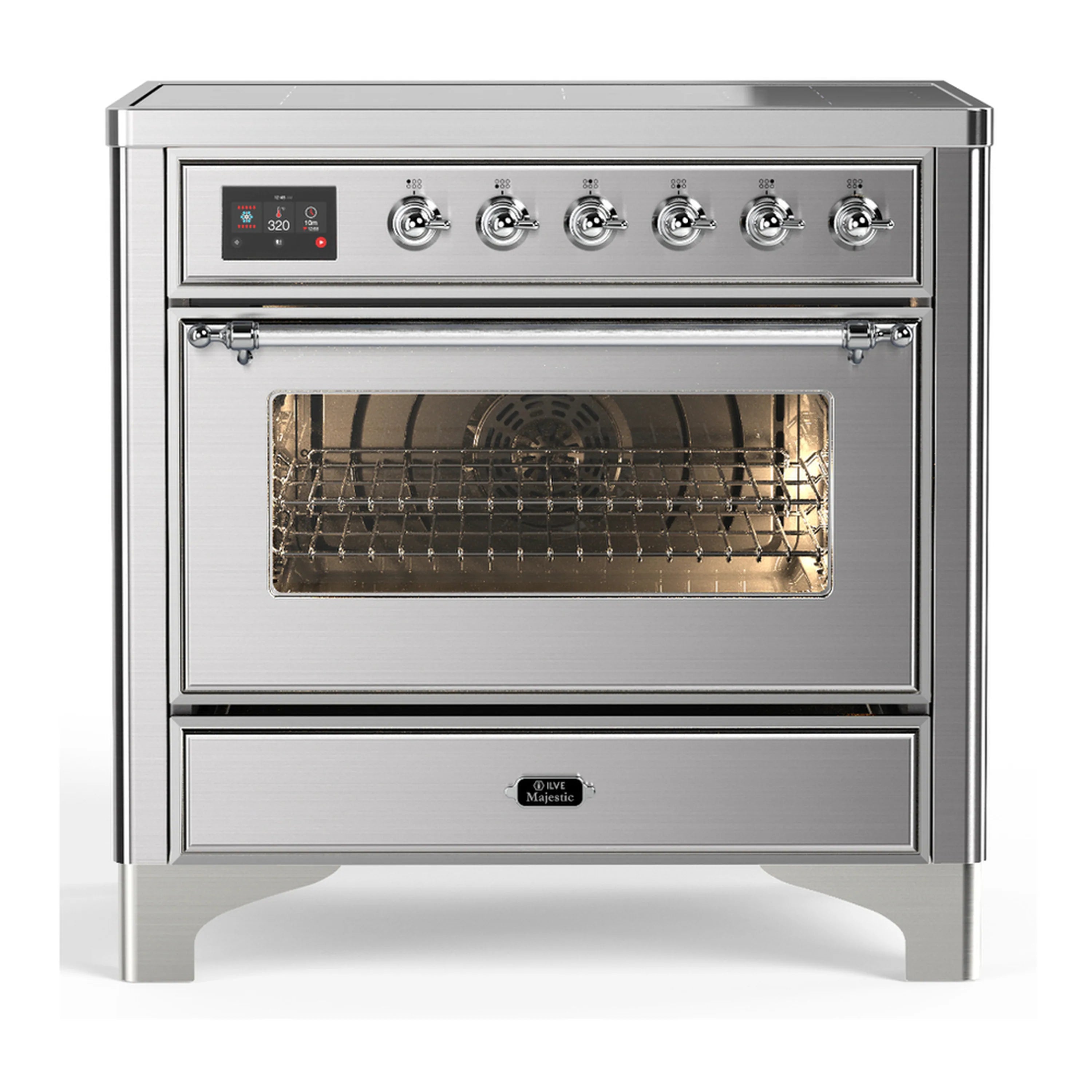 Stainless steel induction range with open oven door and interior racks
