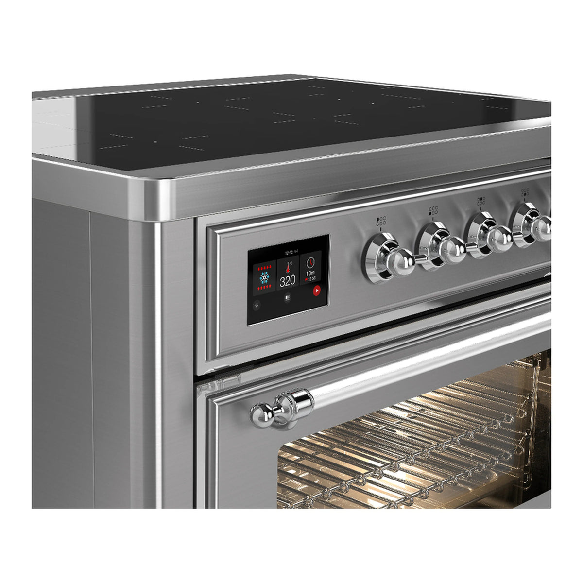 Stainless steel induction range side view with control panel and oven rack