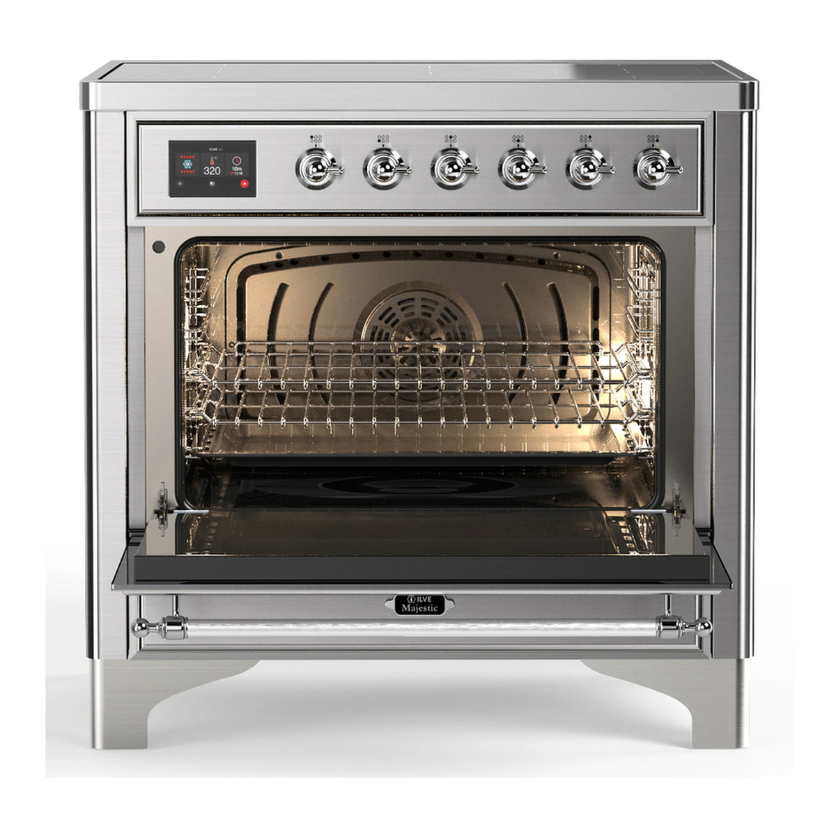 Stainless steel induction range with lit oven cavity, racks, and glass door