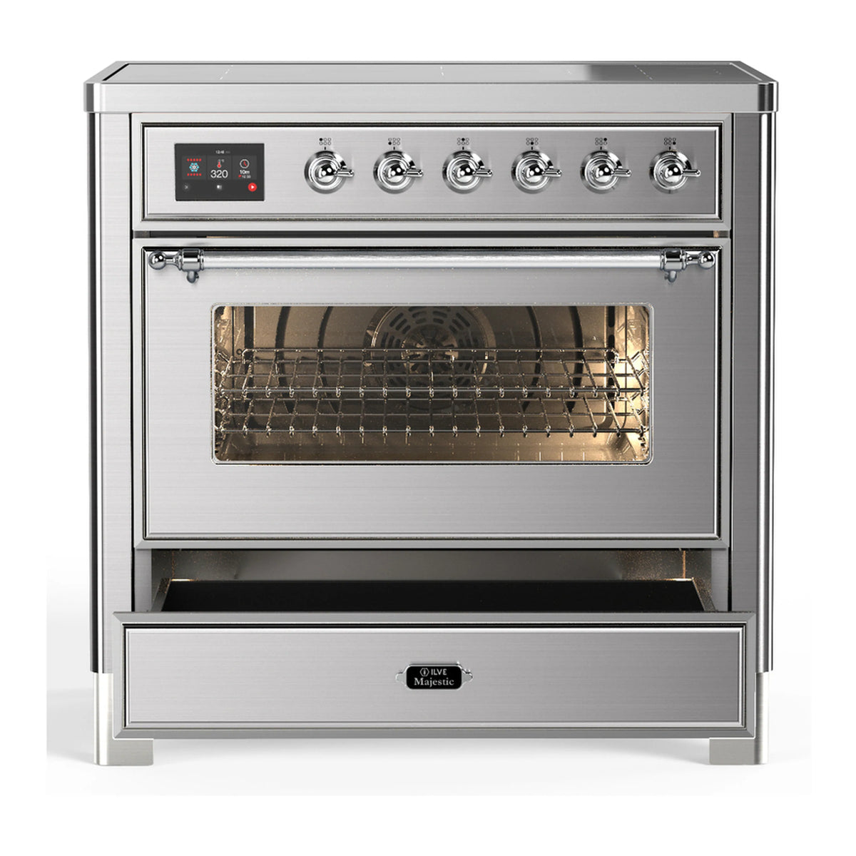 Stainless steel induction range with oven door closed and glass window