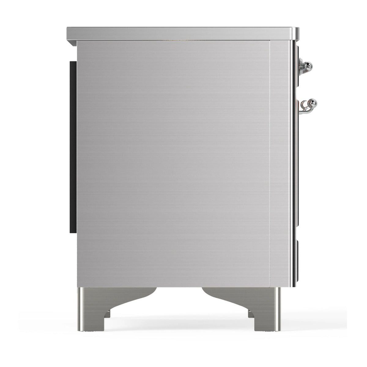 Stainless steel induction range rear view with back panel and side handle