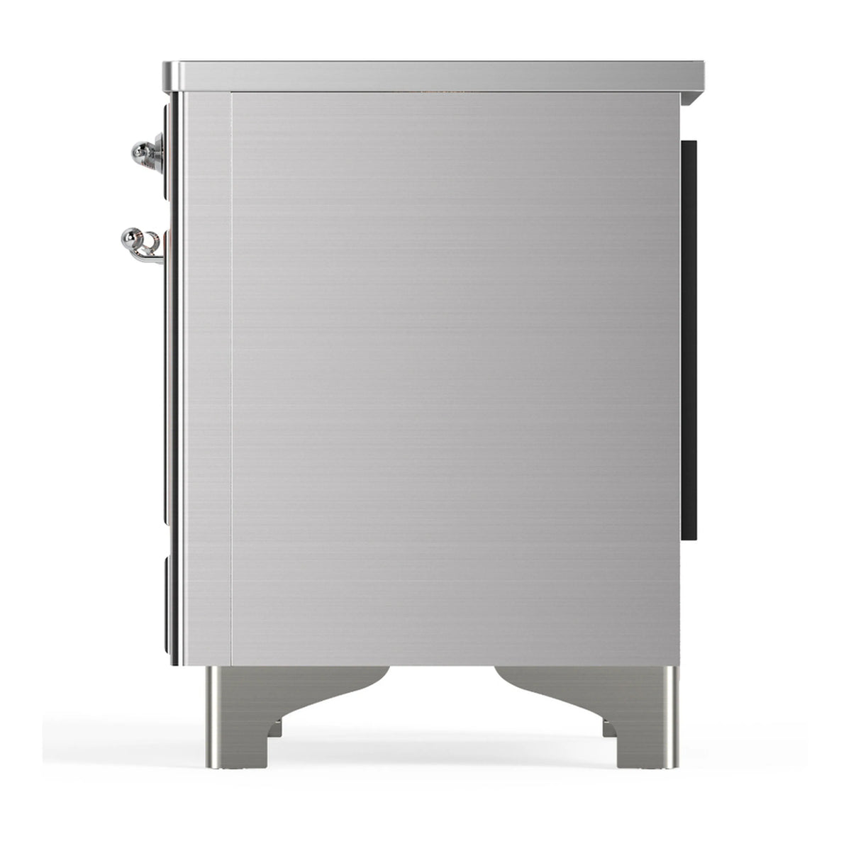 Stainless steel induction range rear quarter view with side connections