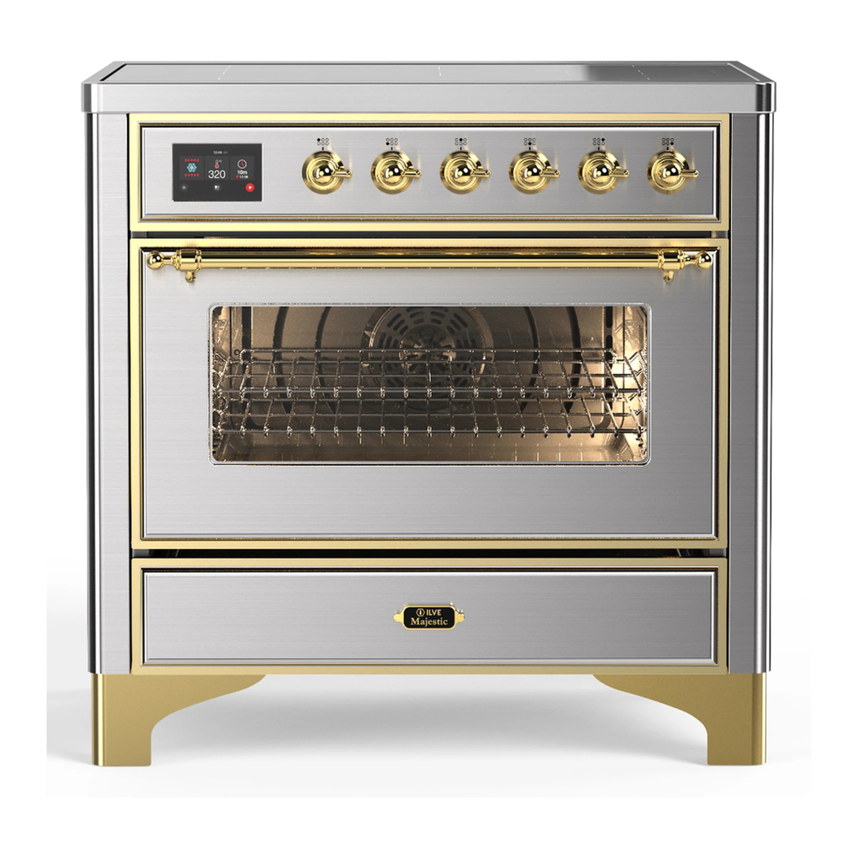 Stainless steel induction range with open triple-glass oven door, brass trim and knobs