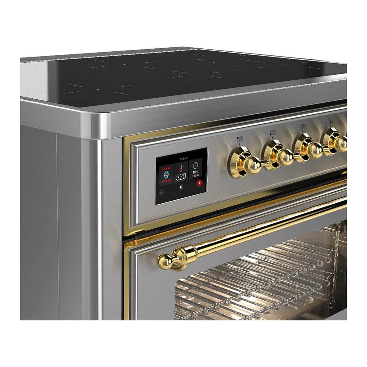 Stainless steel oven control panel with digital display, brass knobs, and brass-trimmed handle