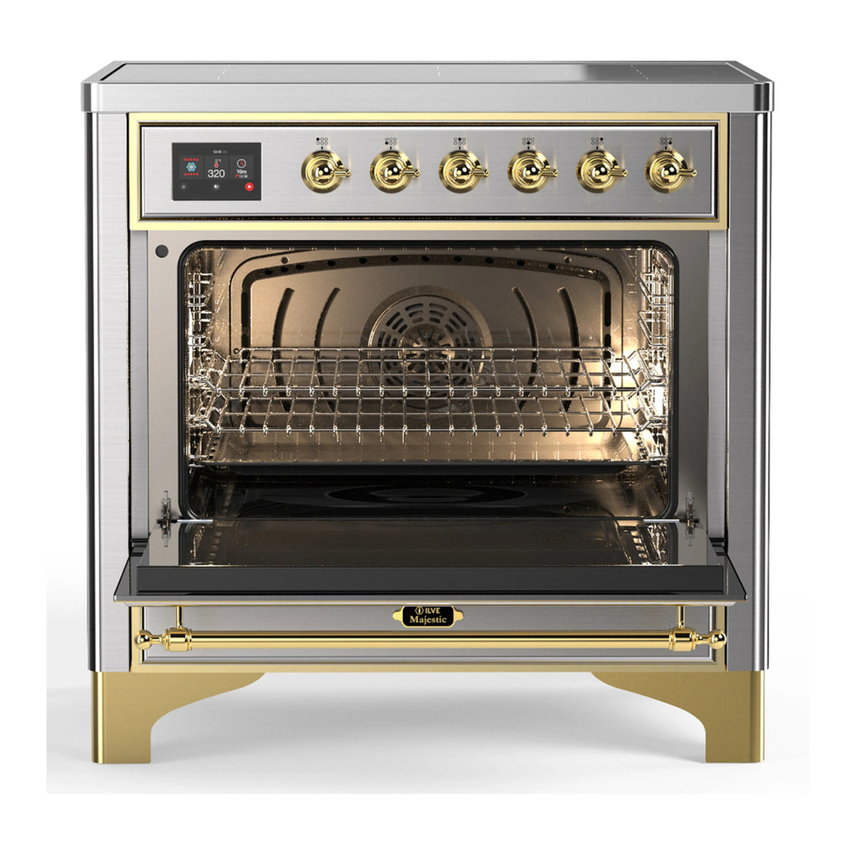 Stainless steel induction range with open oven, racks inside, brass trim and brass handle