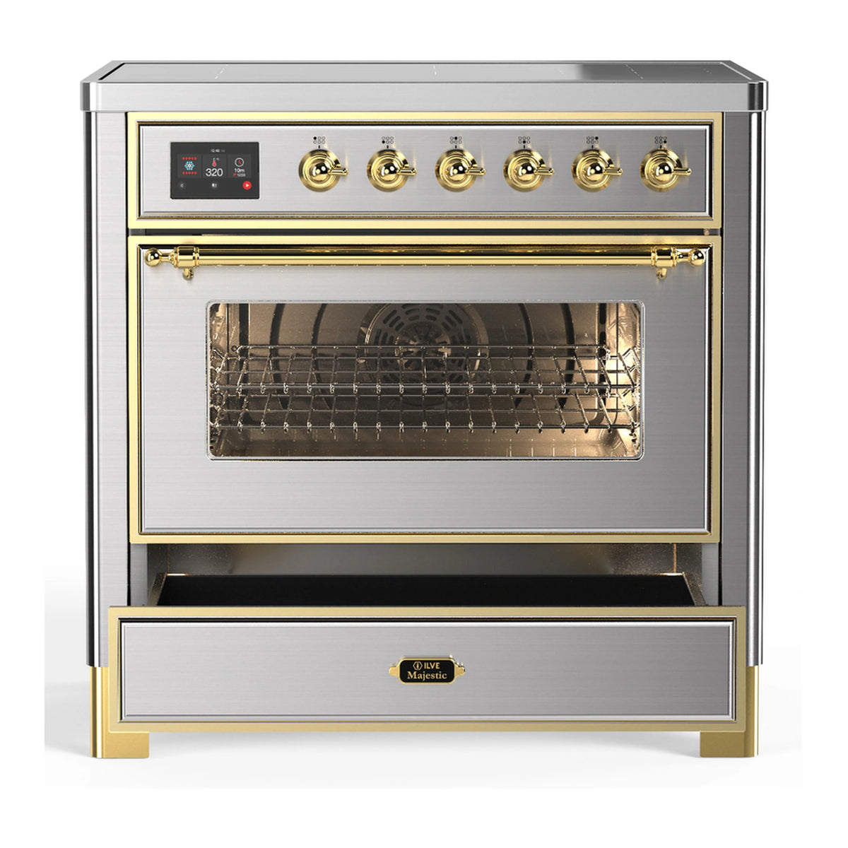 Stainless steel induction range with closed oven door, brass trim, and burner control panel