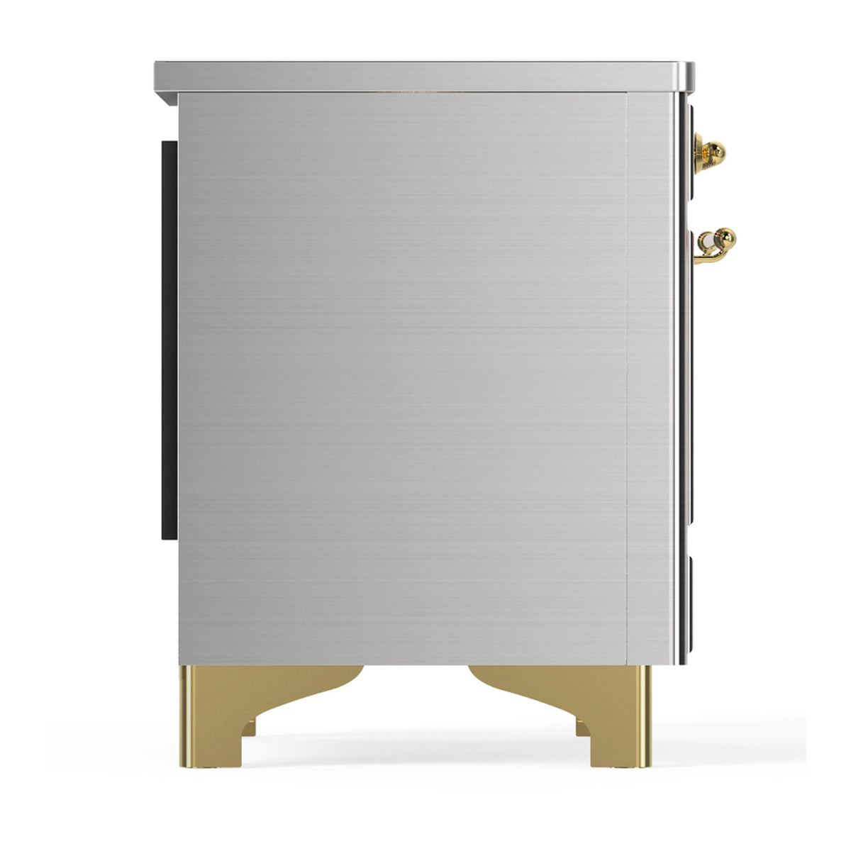 Stainless steel induction range side view with brass trim feet and gold handle hardware